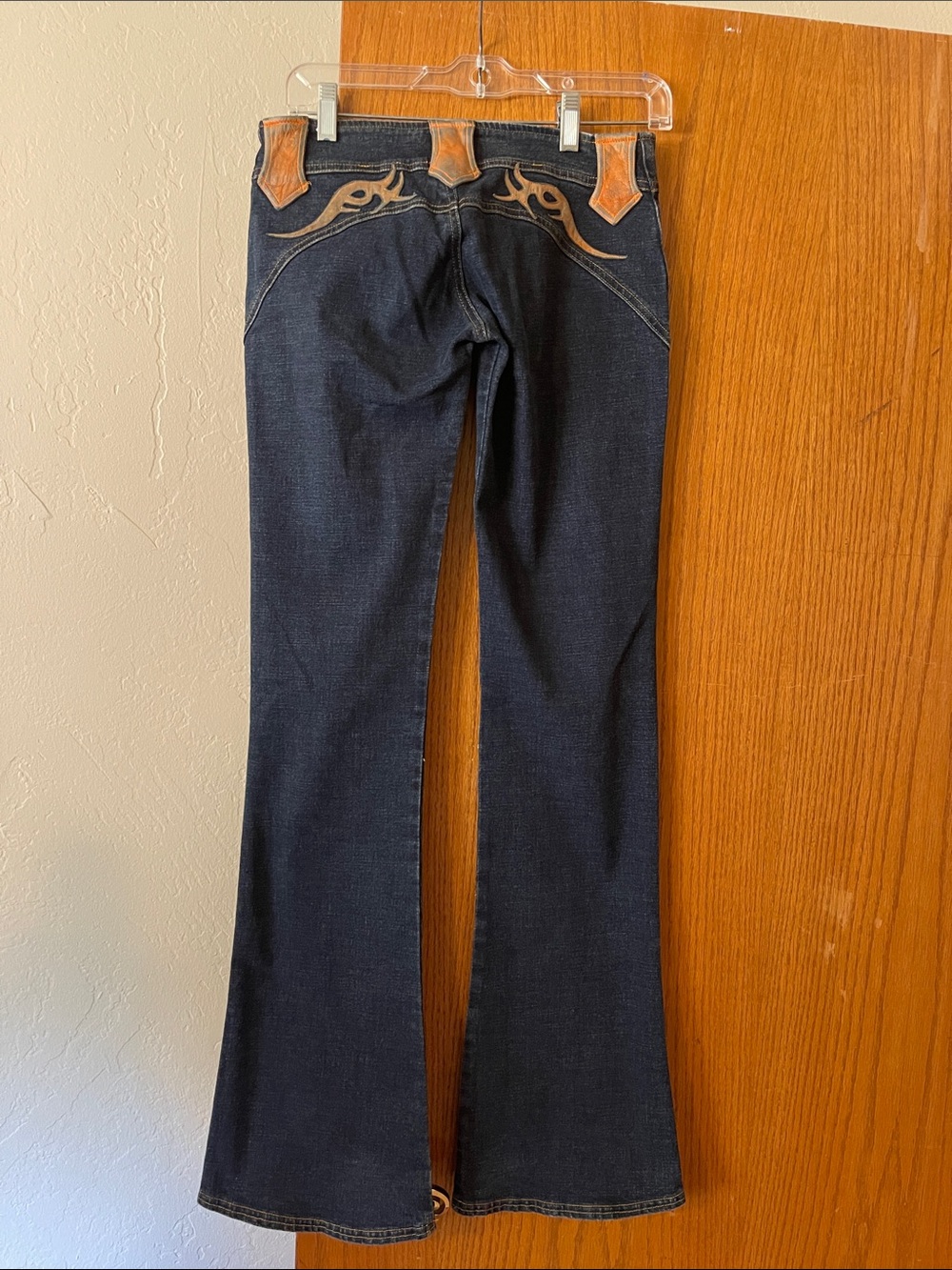 Electric Barbarella Vintage Dark Blue Flared Jeans w Leather Contrast Detail 2